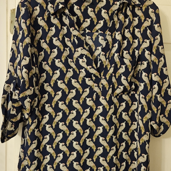 SOHO NY&Co blouse top parrot bird print 3/4 sleeve women’s Large navy - Picture 1 of 3